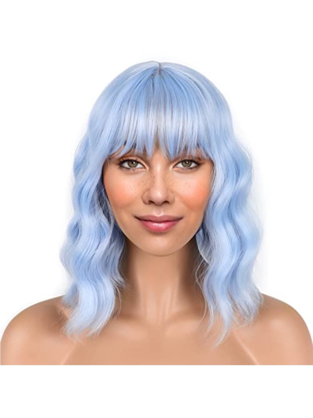Light blue Short Bob Wigs with Bangs for Women Loose Wavy Hair Shoulder Length12